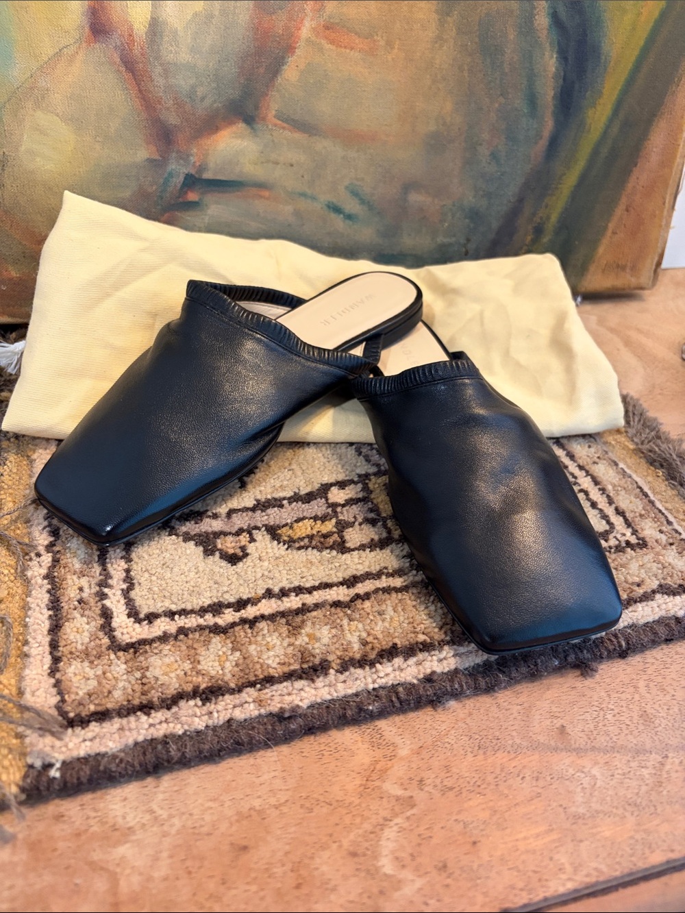 Wandler Black Leather Square-Toe Mule Slides SZ 36